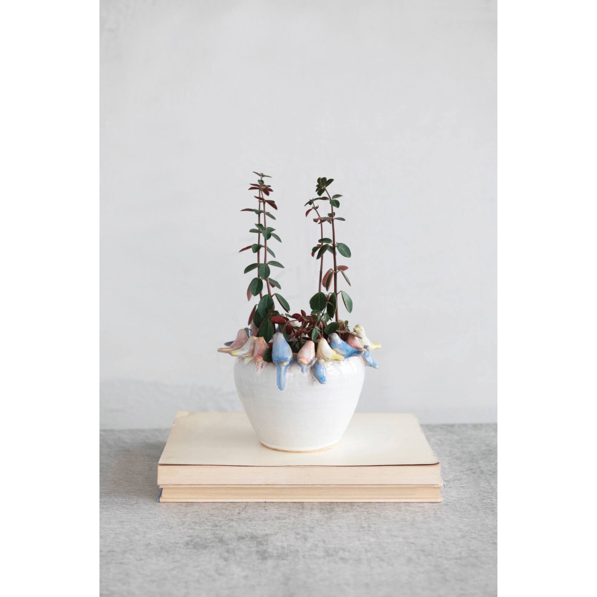 Hello Honey® 6'' Reactive Glaze Stoneware Planter with Birds on Rim